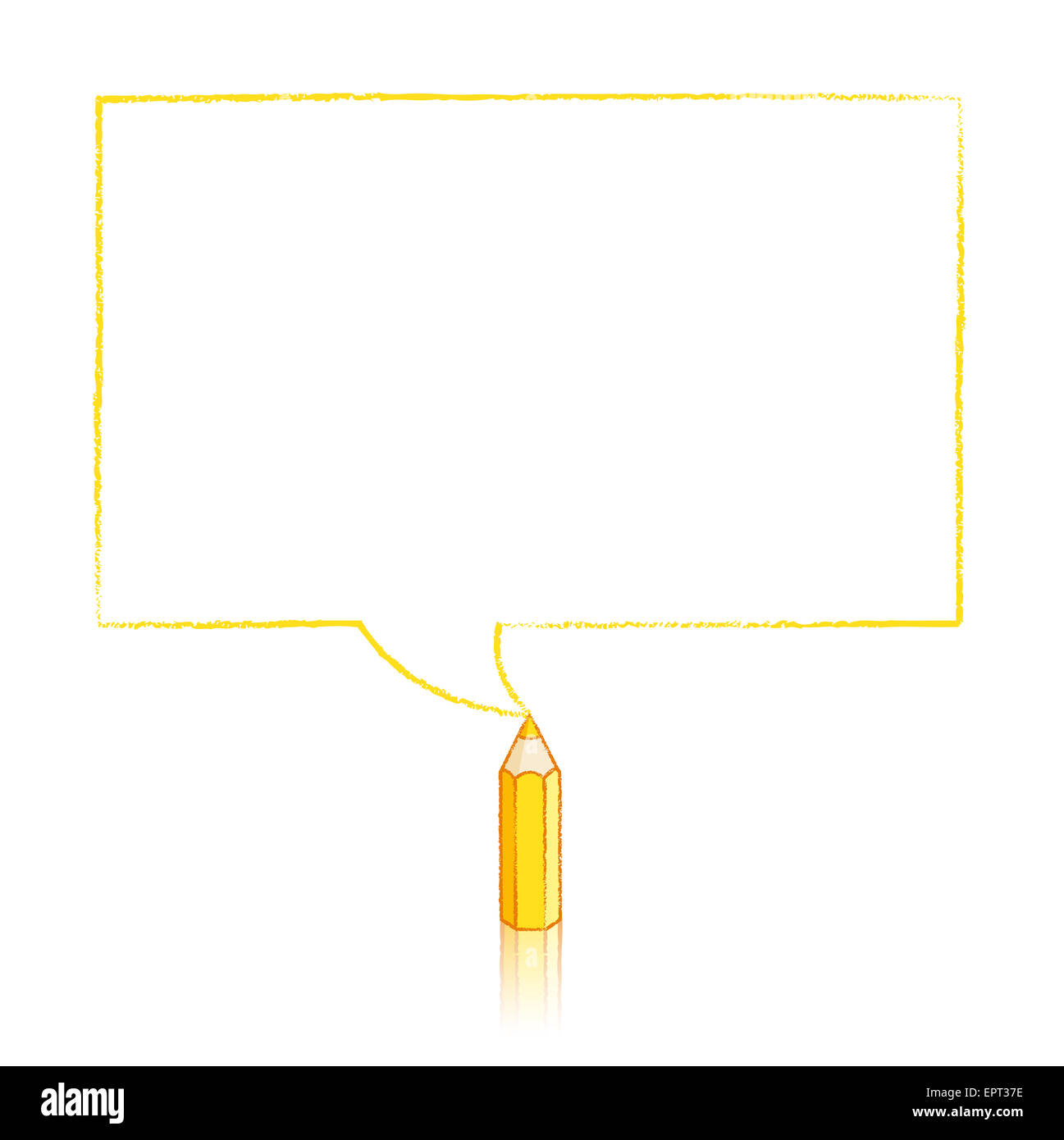 Gelbe Bleistift mit Reflexion Zeichnung rechteckige Sprechblase auf weißem Hintergrund Stockfoto
