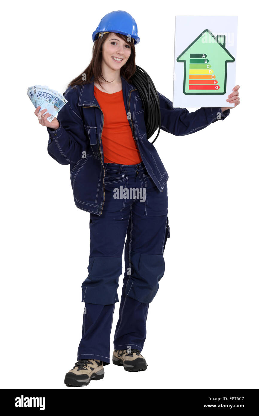 Frau stand mit Energie-poster Stockfoto