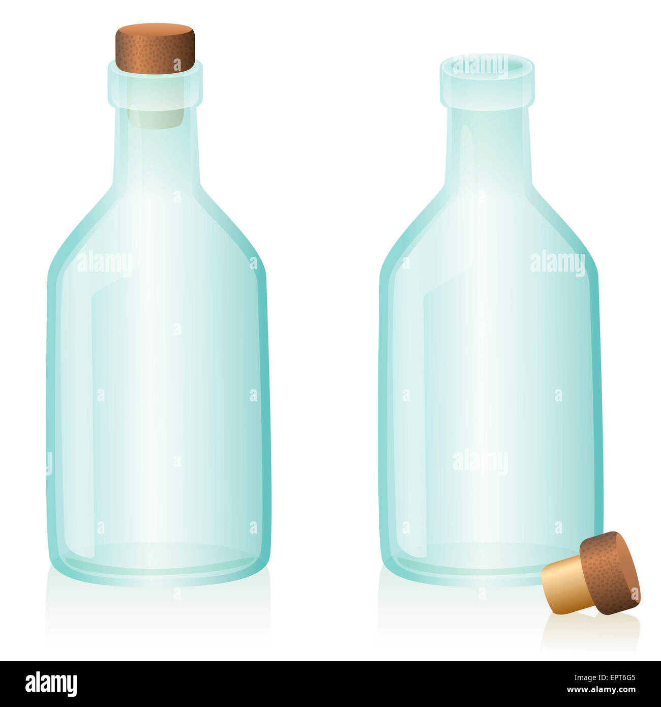 Verkorkt und entkorkt Glasflasche - geschlossene und offene. Abbildung auf weißem Hintergrund. Stockfoto