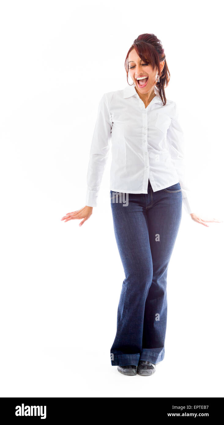 Erwachsene indische Frau im Studio isoliert auf weißem Hintergrund Stockfoto