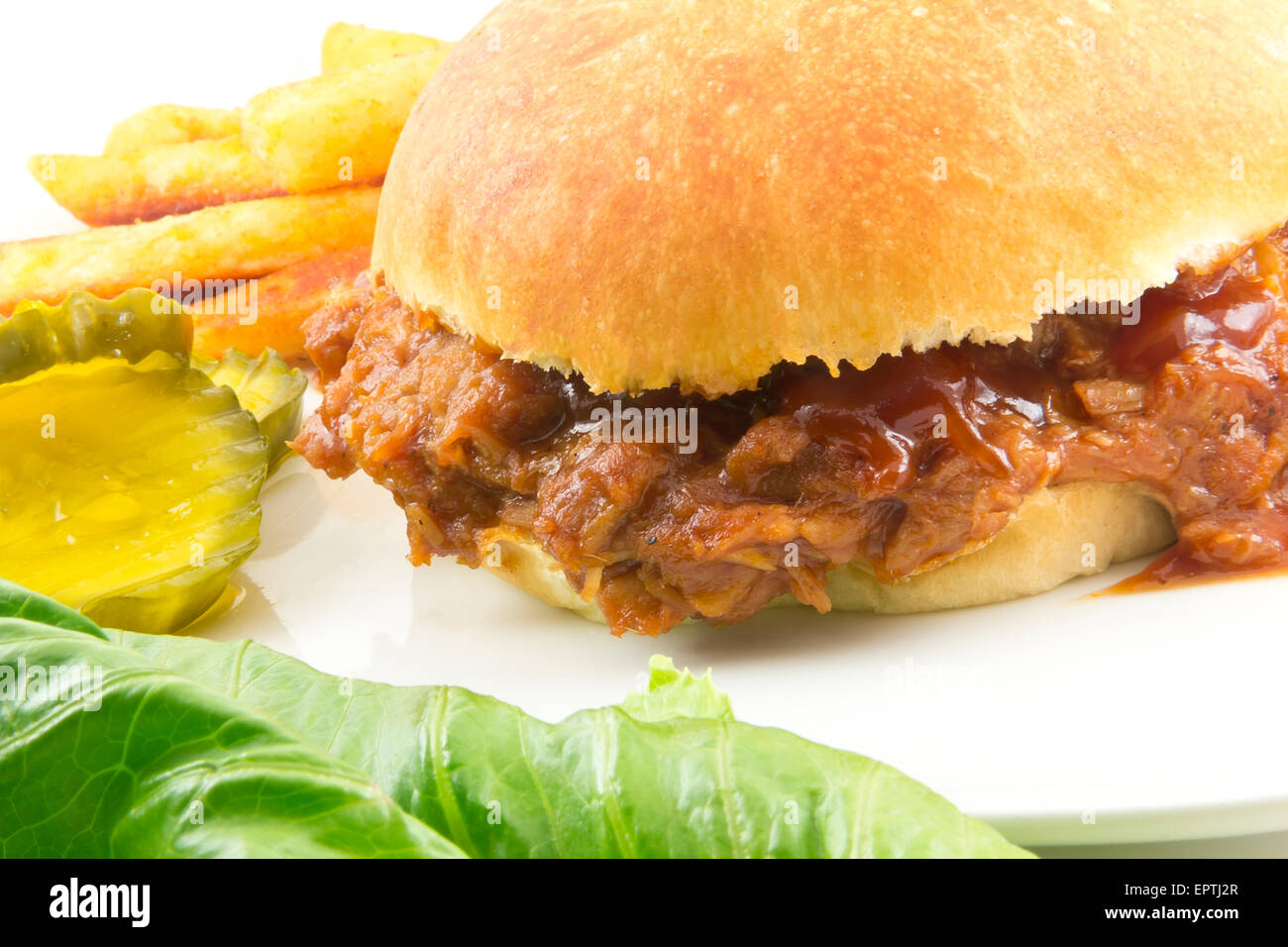 Wir fuhren Schweinefleisch Sloppy Joe, ein nicht so gesund Sommer American Grundnahrungsmittel Stockfoto