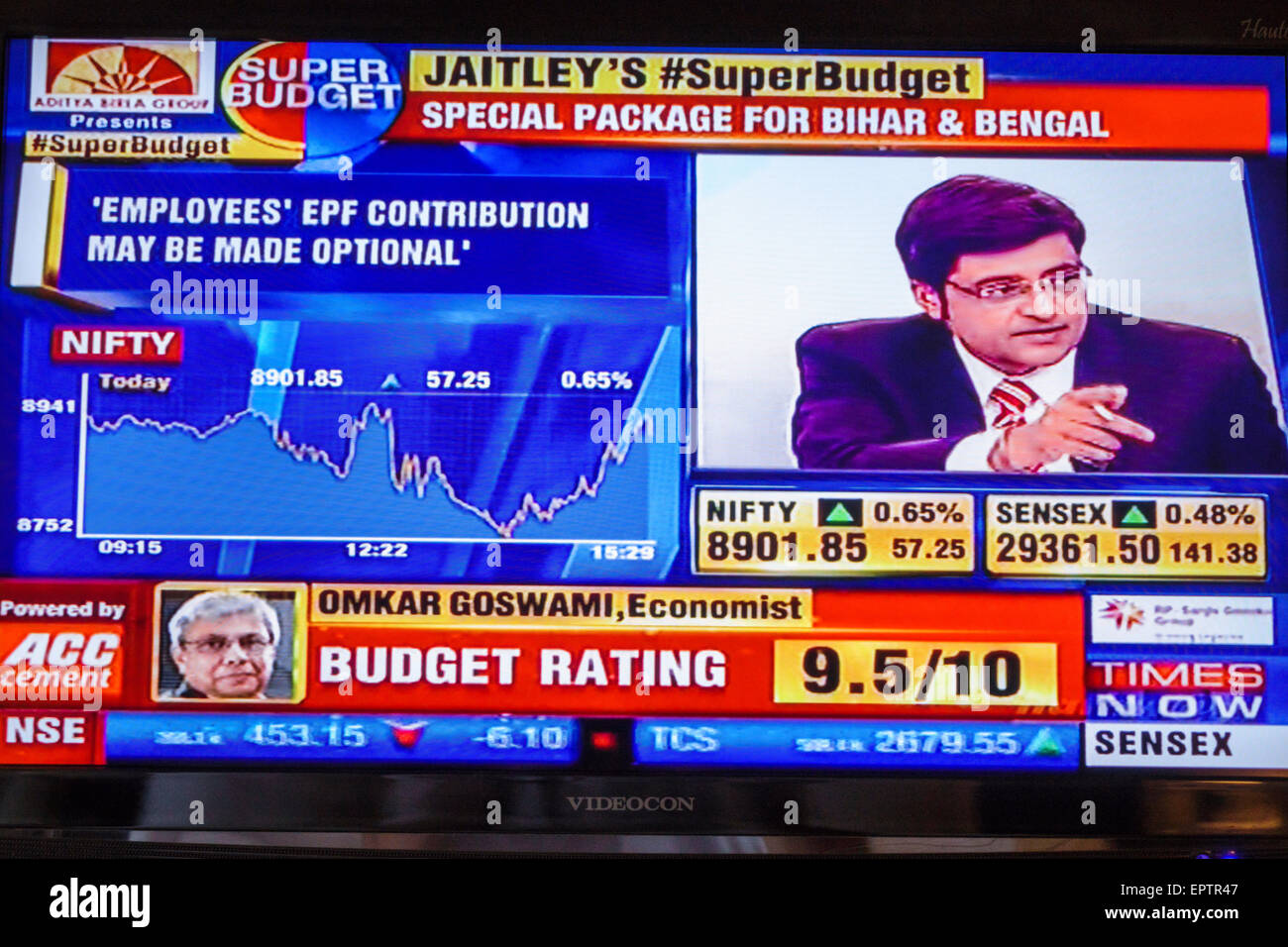 Mumbai Indien, Indisch-Asiatisch, Fernsehbildschirm, tv, Monitor, Kabel, Börse, Börse, NIFTY, SENSEX, Nachrichten, Besucher reisen Reise touristischer Tourismus la Stockfoto