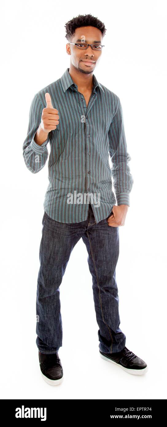 Attraktive afro-amerikanischer Mann posiert in einem Studio auf einem Hintergrund isoliert Stockfoto