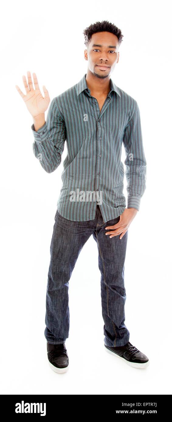 Attraktive afro-amerikanischer Mann posiert in einem Studio auf einem Hintergrund isoliert Stockfoto
