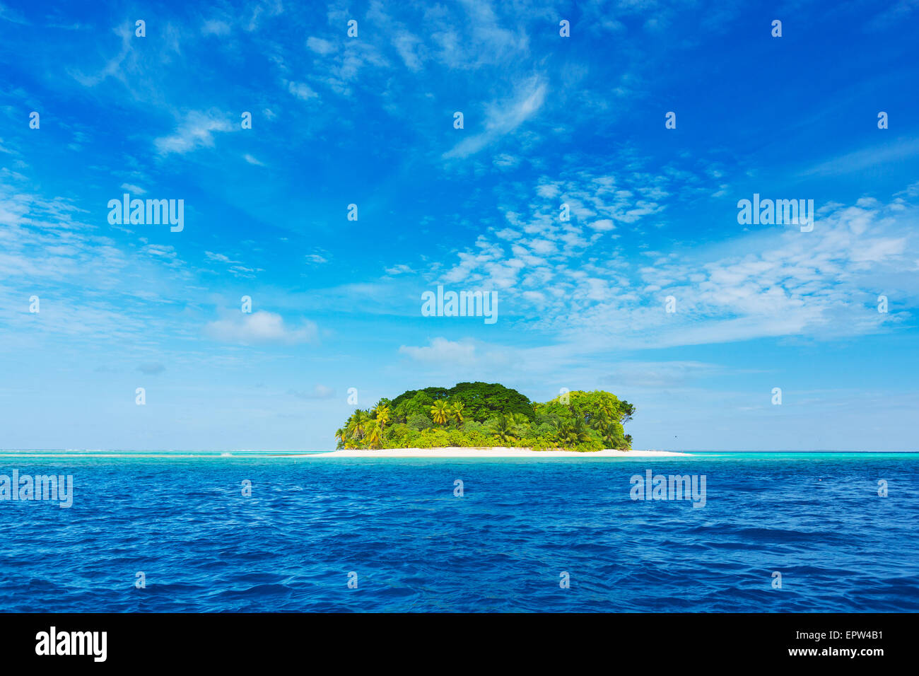 Tropical Island, Blue Ocean und Palmen Stockfoto