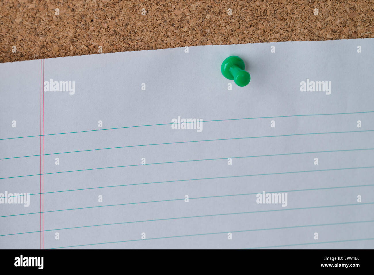 Ein grüner Daumen Tack hält ein weißes Blatt Papier ausgekleidet Loseblatt auf einer Pinnwand. Stockfoto