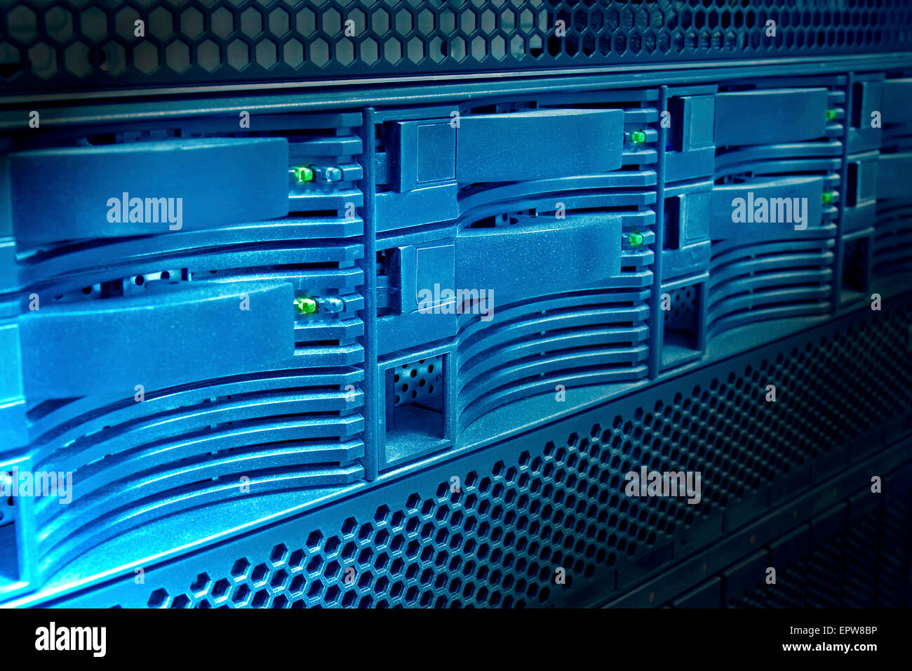 Server-Panel Nahaufnahme, Lichteffekt, Blauton Stockfoto