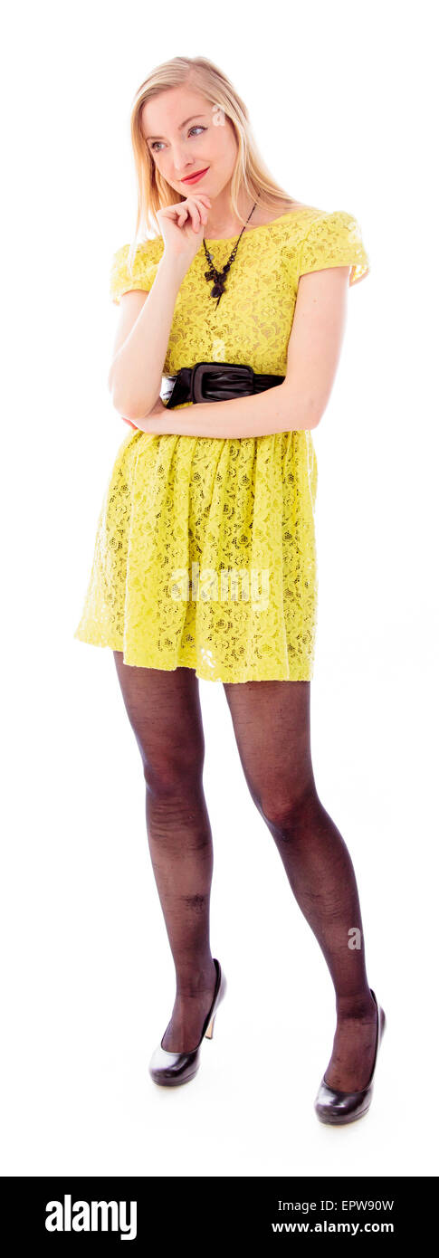 Schöne junge Frau mit der Hand am Kinn Stockfoto