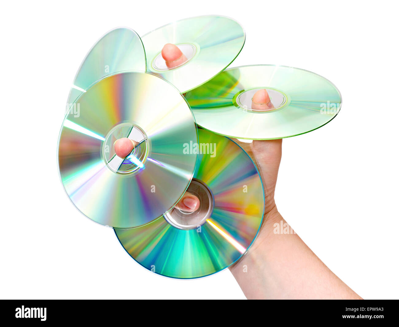 Hand mit einer CD, auf den Fingern isoliert auf weißem Hintergrund Stockfoto