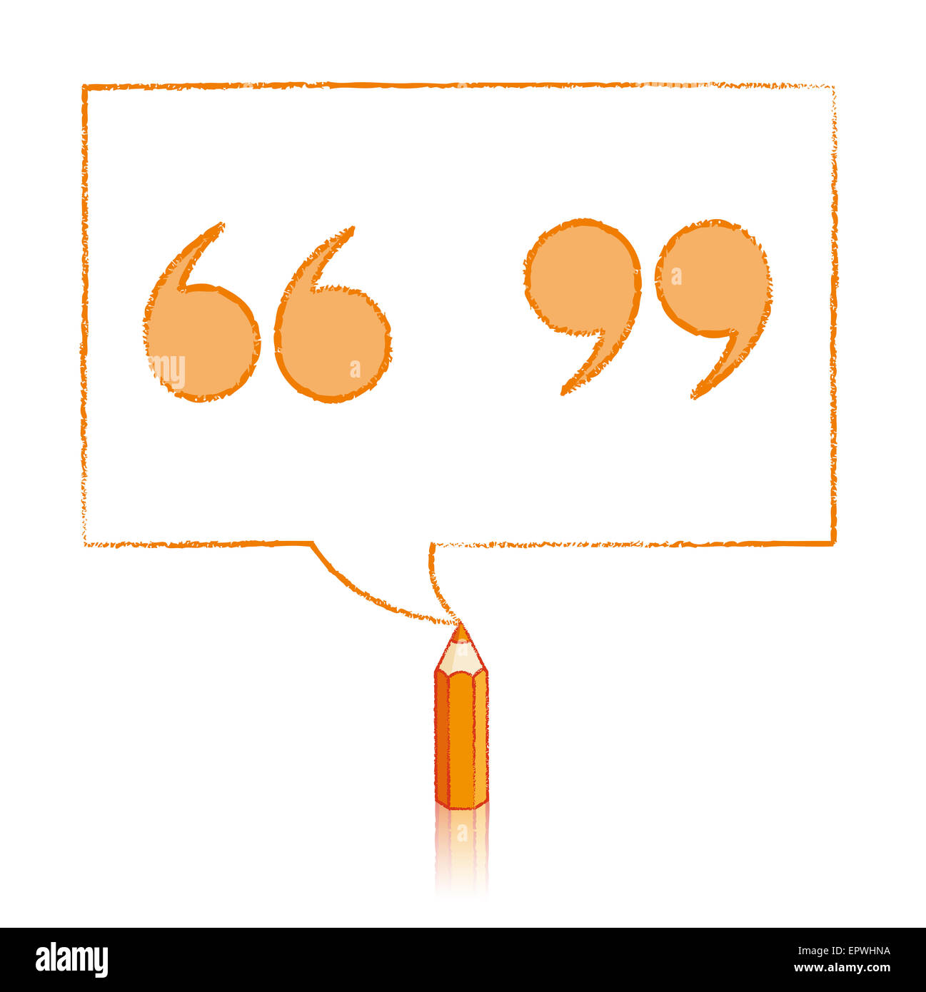 Orange Bleistift mit Reflexion Zeichnung getönte Anführungszeichen in rechteckigen Sprechblasen auf weißem Hintergrund Stockfoto