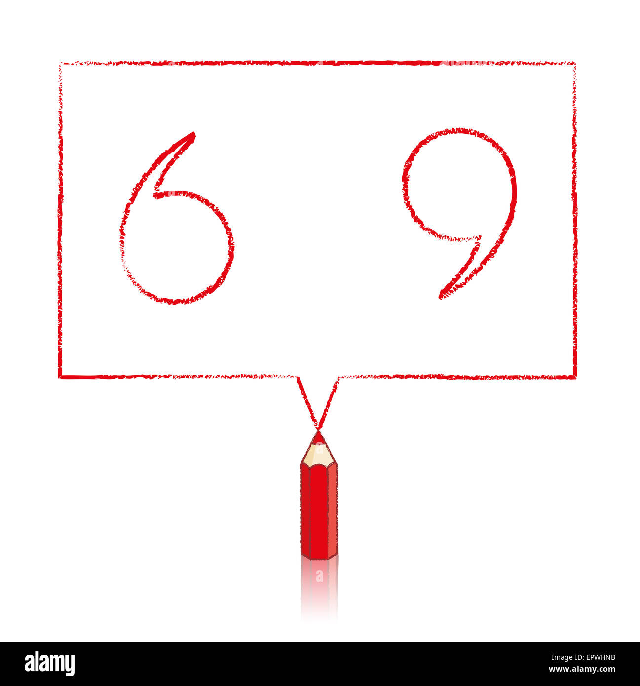 Roter Buntstift mit Reflexion Zeichnung skizziert Anführungszeichen in rechteckigen Sprechblase auf weißem Hintergrund Stockfoto