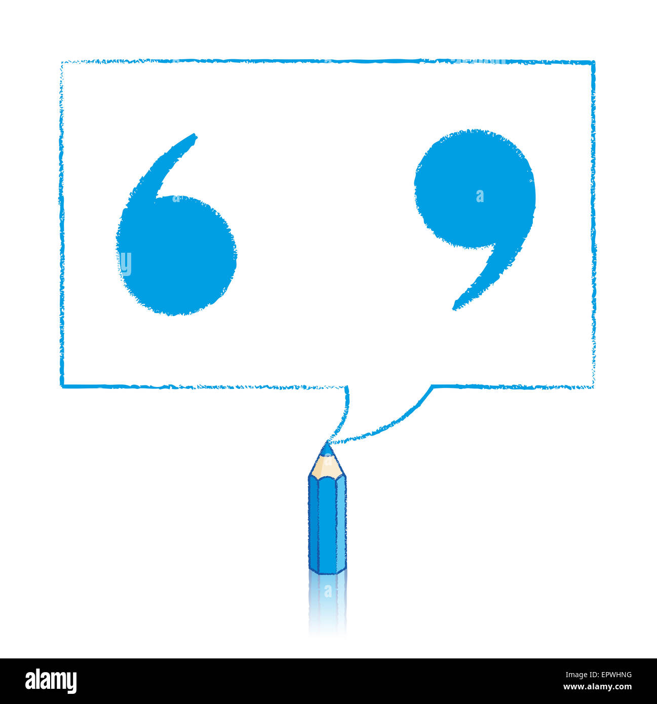 Blauen Stift mit Reflexion Zeichnung solide Anführungszeichen in rechteckigen Sprechblase auf weißem Hintergrund Stockfoto