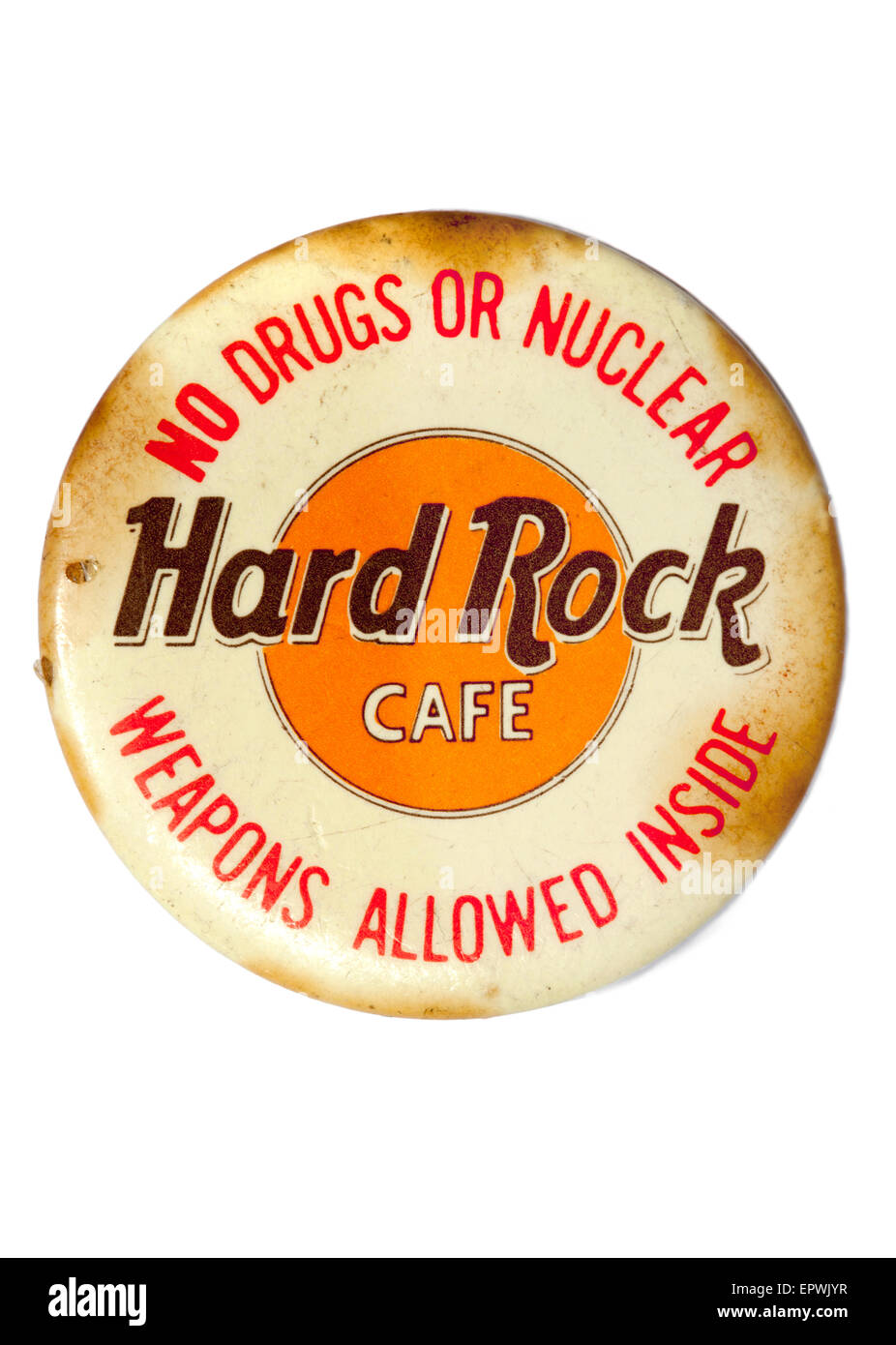 Vintage oder alte verwendet Hard Rock Cafe Abzeichen oder Stift auf weißem Hintergrund Stockfoto