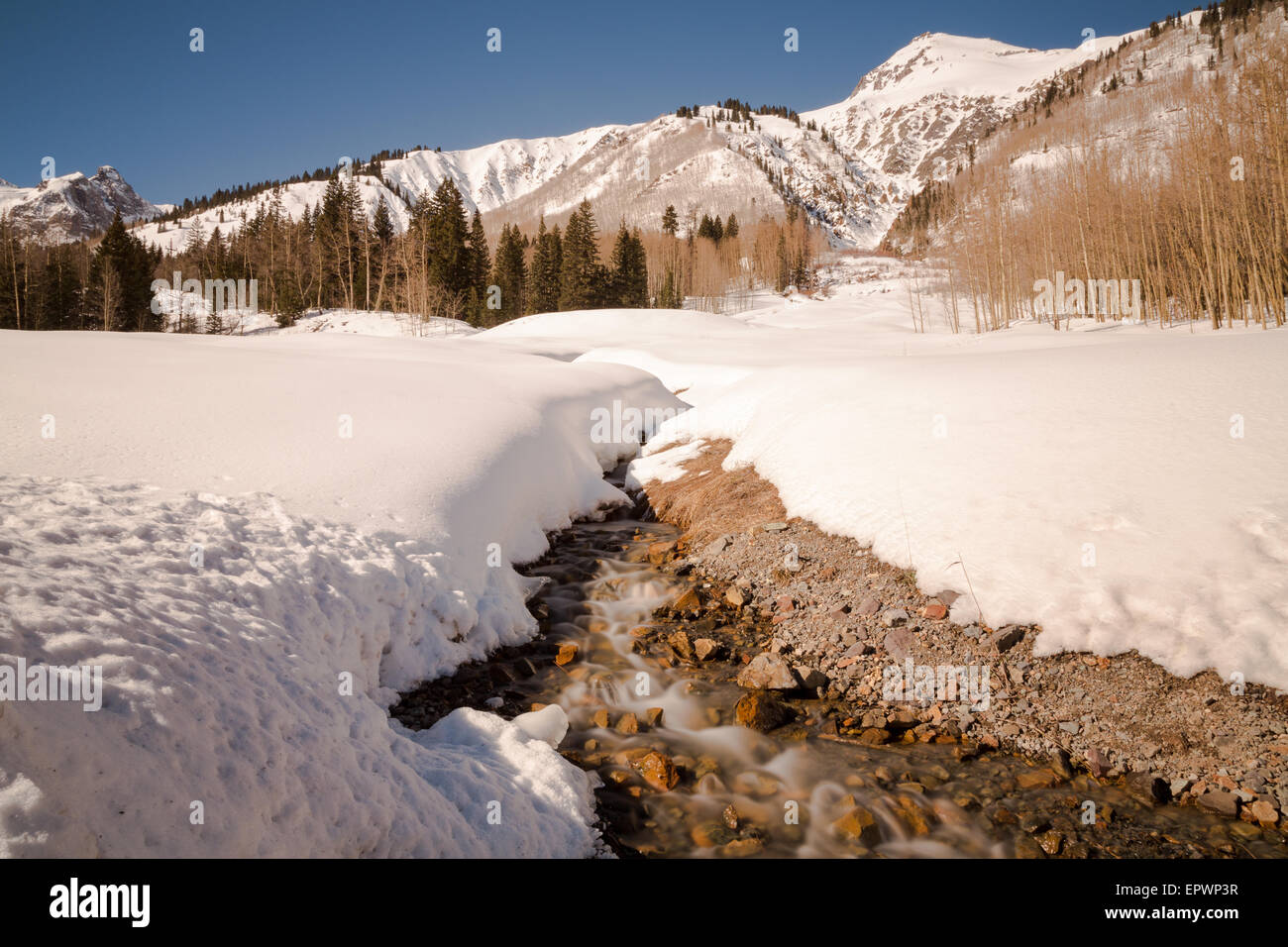 Snowy Mountain Stream in Colorado Stockfoto