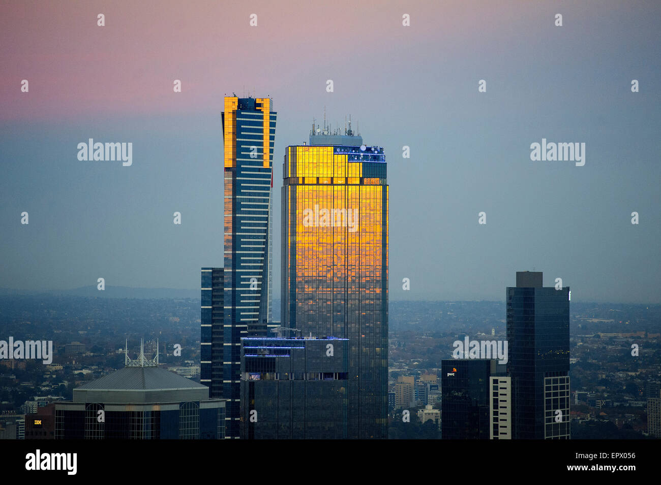 Eureka Tower Melbourne und Rialto Tower Sonnenuntergang, Australien Stockfoto