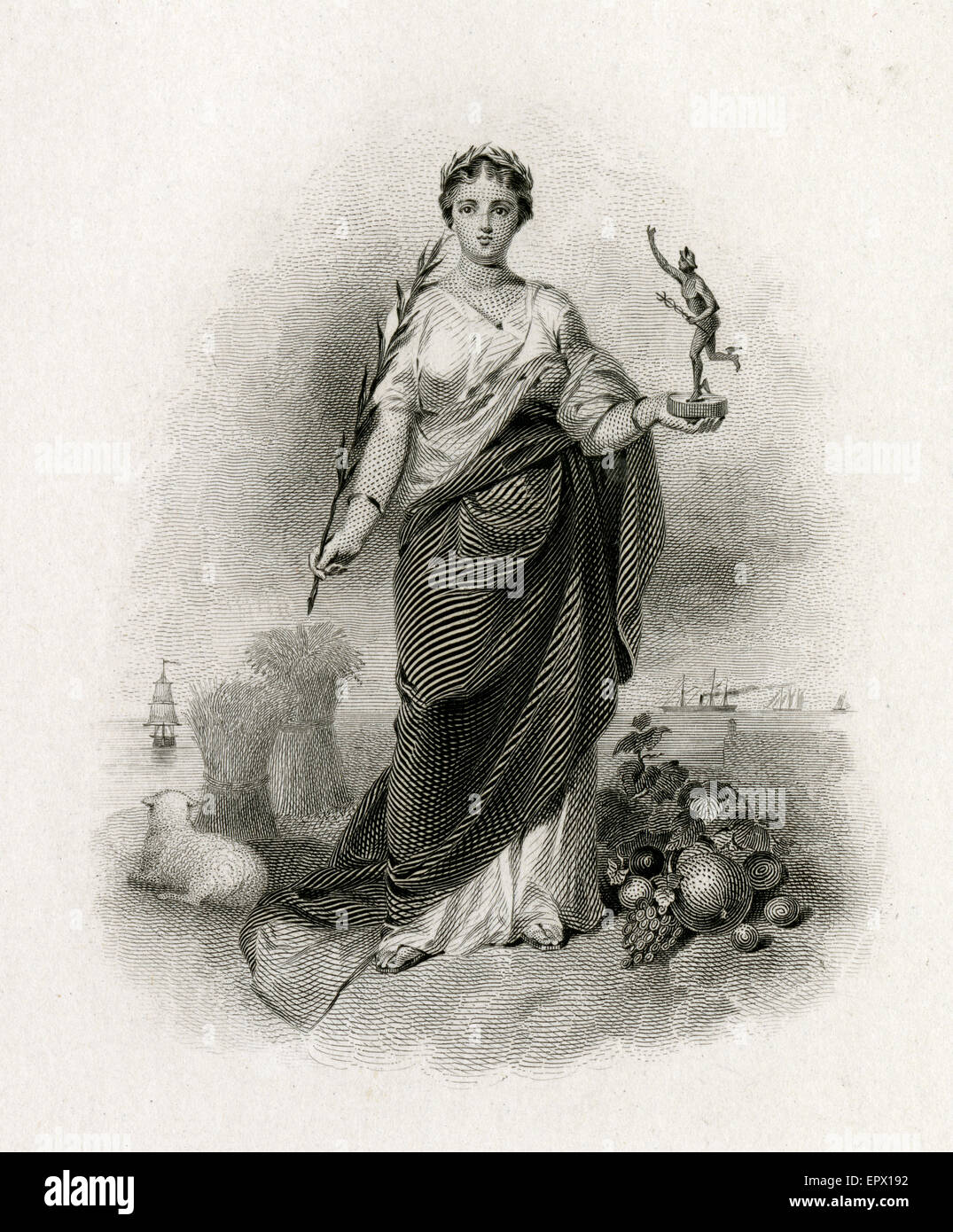 Antike c1870 Stahlstich von Lady Columbia, die Rückkehr des Friedens darstellt. "Columbia" ist eine historische und poetische Bezeichnung für die Vereinigten Staaten von Amerika und auch als einer der Namen seiner weibliche Personifizierung. Stockfoto