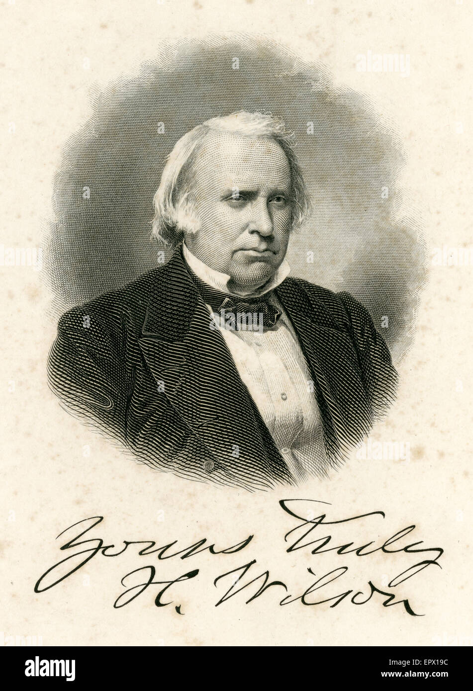 Antike c1870 Stahlstich von Henry Wilson. Henry Wilson (geb. Jeremiah Jones Colbath; 1812-1875) war der 18. Vizepräsident der Vereinigten Staaten (1873-1875) und ein Senator aus Massachusetts (1855-1873). Vor und während des amerikanischen Bürgerkrieges war er ein führender Republikaner und ein starker Gegner der Sklaverei. Stockfoto