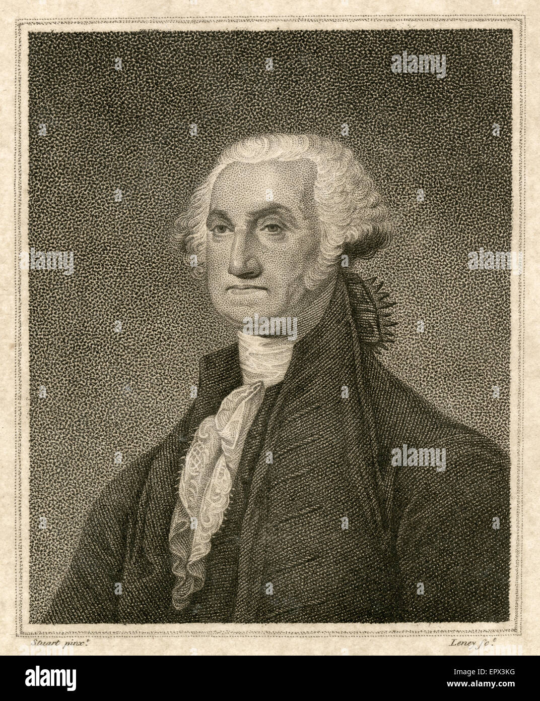 1812-Stahlstich von George Washington, nach Gilbert Stuart antike Malerei. George Washington (1732 Ð 1799) war der erste Präsident der Vereinigten Staaten (1789Ð97), der Oberbefehlshaber der Kontinentalarmee während des amerikanischen Unabhängigkeitskrieges, und einer der Gründerväter der Vereinigten Staaten. Stockfoto