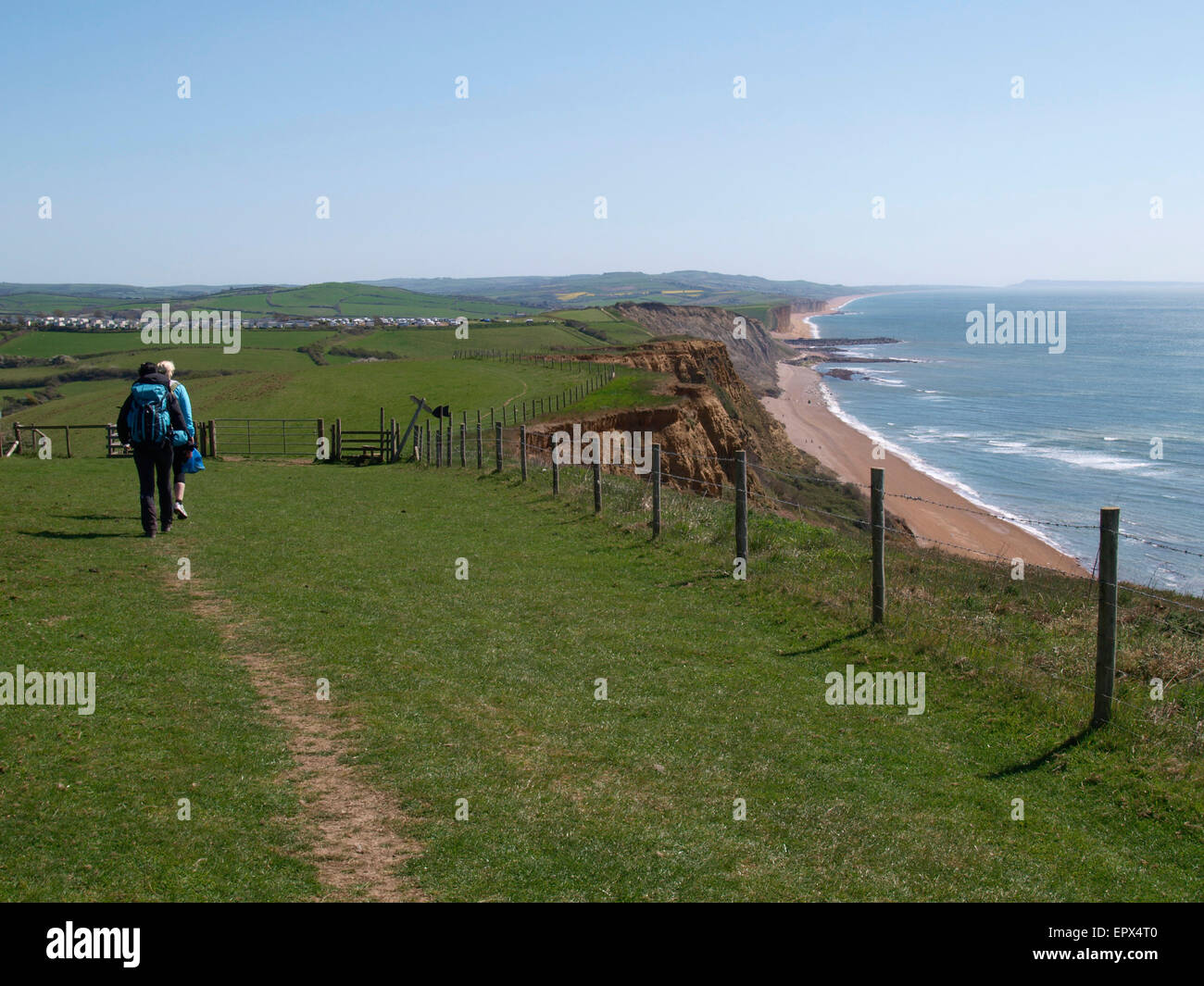 Wanderer auf dem Weg der Südwest-Küste in der Nähe von Eype, Dorset, Großbritannien Stockfoto