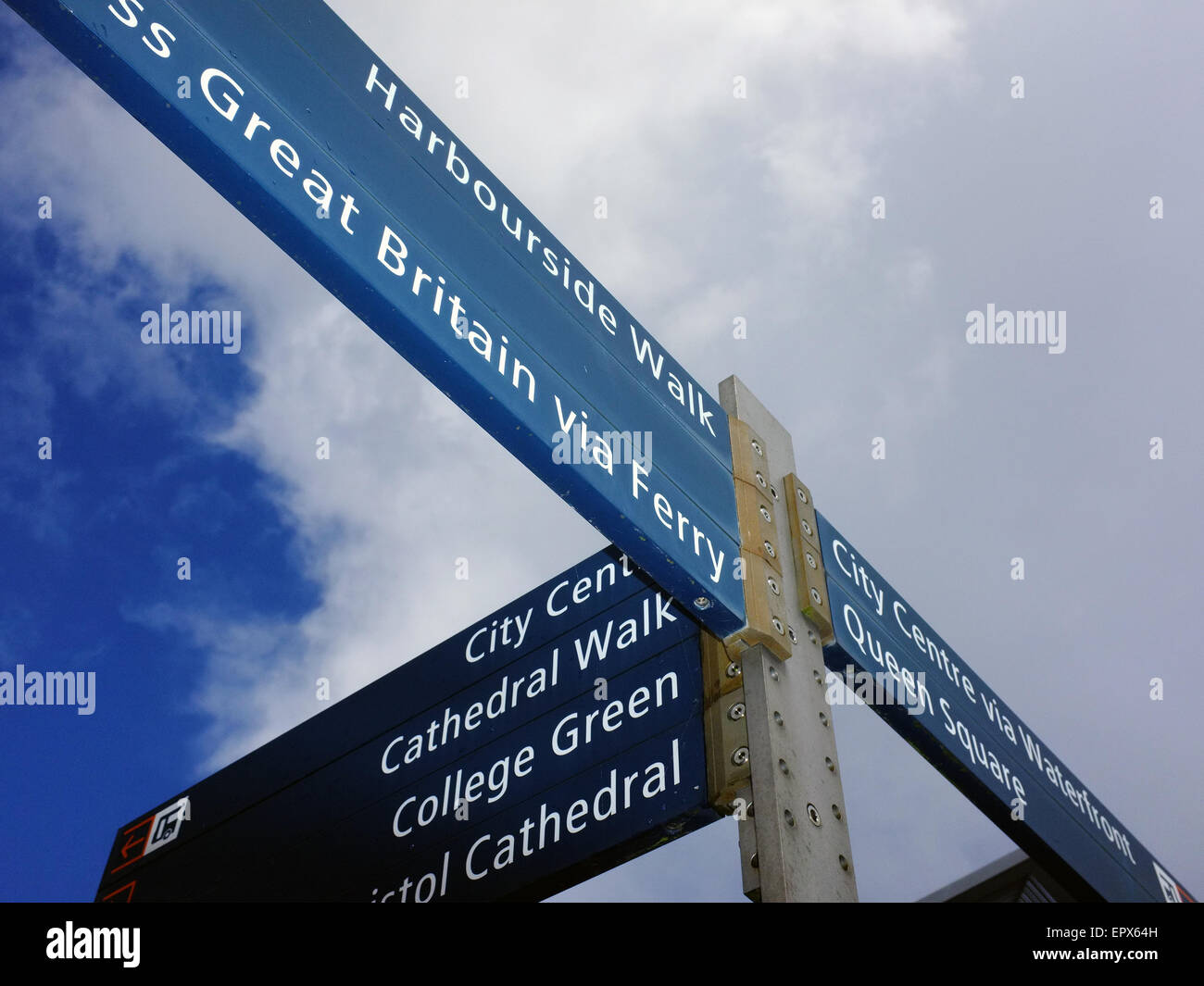 Ein Fußgänger Wegweiser leiten Touristen zu den Sehenswürdigkeiten und Attraktionen in Bristol. Stockfoto