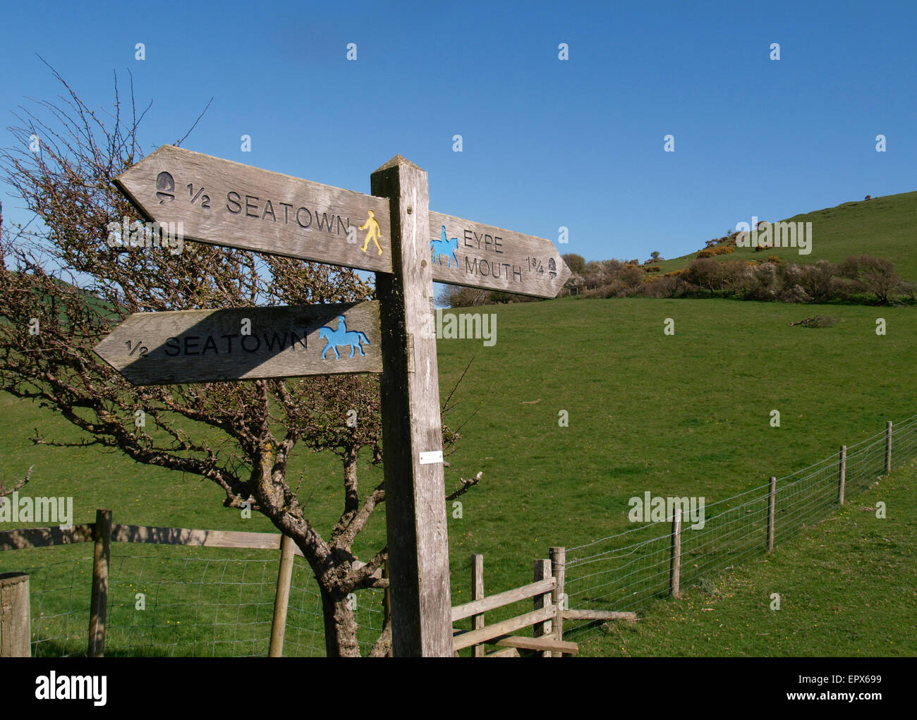 Wegweiser für einladendsten und Eype Mund auf die Südwestküste-Weg, Dorset, UK Stockfoto
