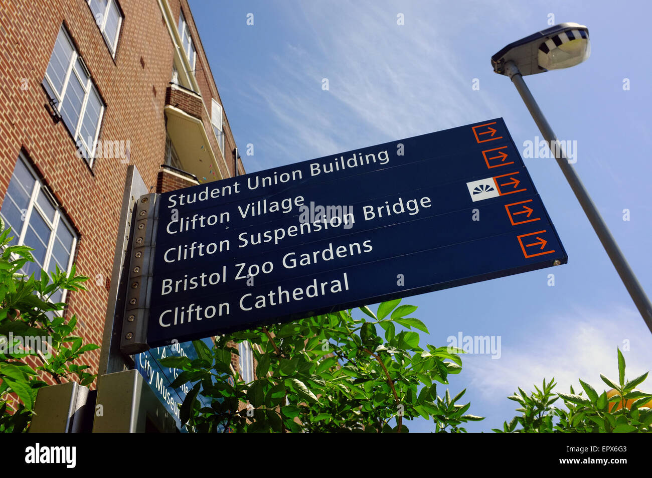 Ein Fußgänger Wegweiser leiten Touristen zu den Sehenswürdigkeiten und Attraktionen in Bristol. Stockfoto