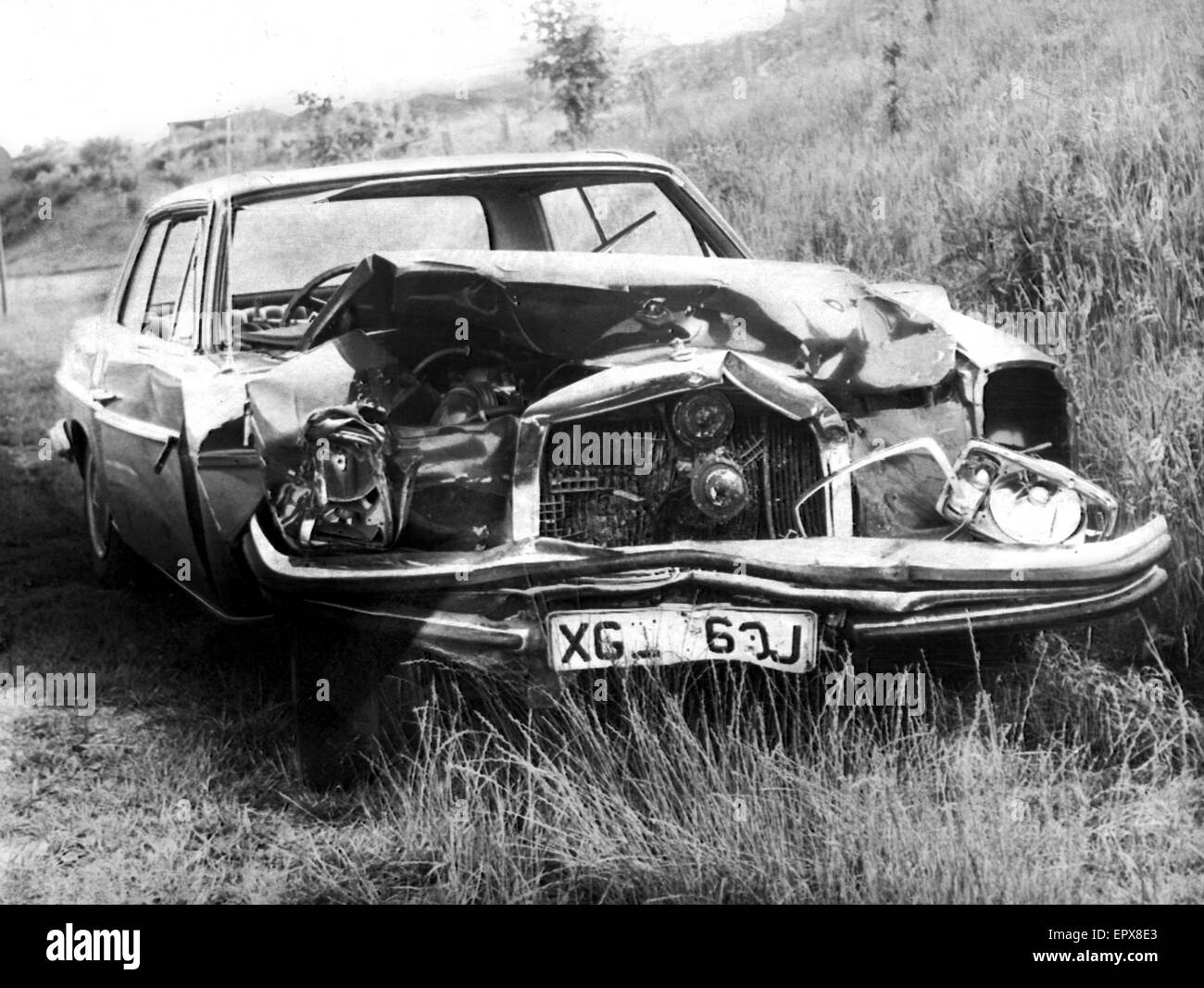 Das Wrack der Jock Steins Auto, das bei einer Kollision mit einem anderen Fahrzeug auf die A47 in der Nähe von Lockerbie Dumfriesshire beteiligt war. 5. Juli 1975 Stockfoto