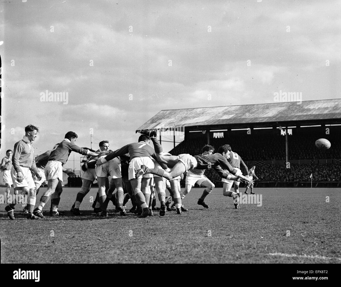 Aktion von Wales V Frankreich Five Nations Championship match bei St. Helens Boden in Swansea. Das Endergebnis war ein 9-5 Sieg nach Wales 22. März 1952 Stockfoto