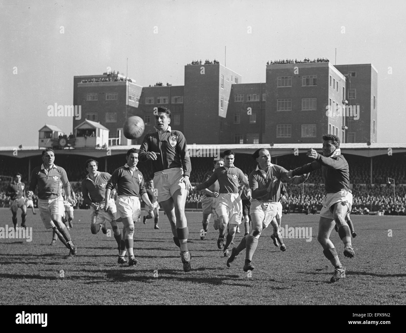 Aktion von Wales V Frankreich fünf Nation Meisterschaftsspiel auf Cardiff Arms Park statt.  Wales gewann 20-0 an, um die Meisterschaft und den Grand-Slam-25. März 1950 clinch Stockfoto