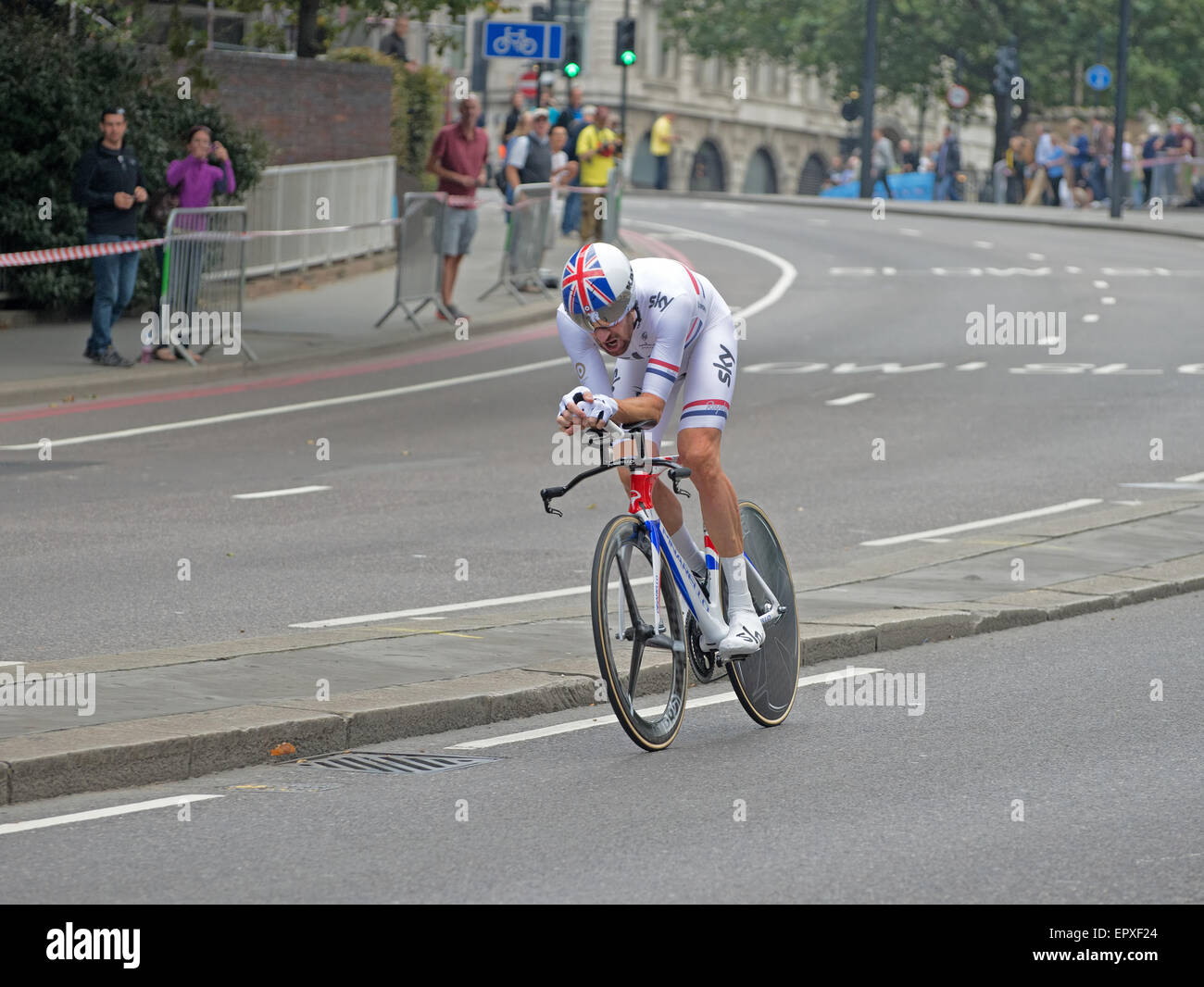 Rad-Olympiasieger Bradley Wiggins gewinnende Zeitfahren in Tour of Britain 2014 Stockfoto