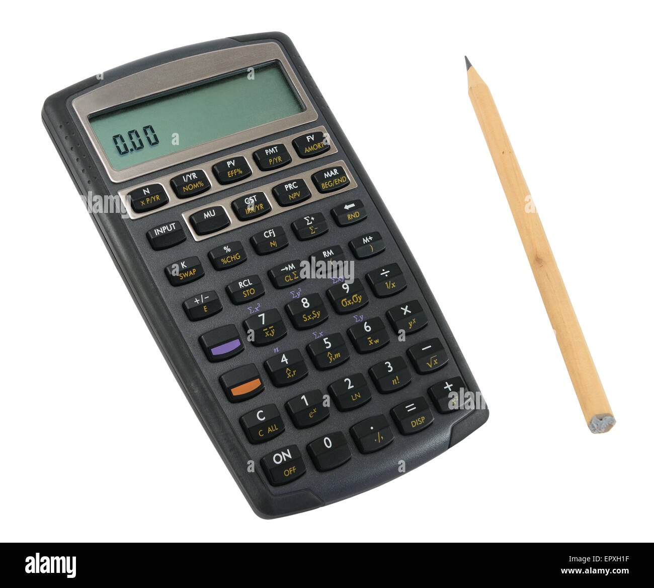 Wissenschaftlicher Taschenrechner mit Bleistift isoliert auf weiss. Stockfoto