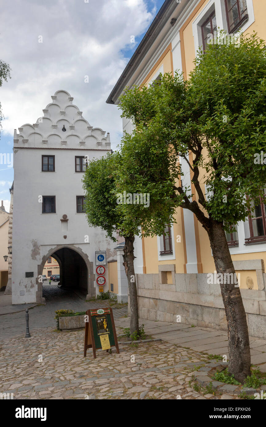 Die historische Altstadt, Stadt Svinenska Tor Trebon, Tschechische Republik Stockfoto