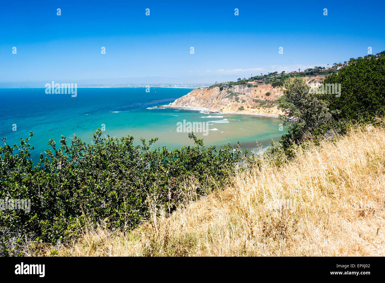Eine grasbewachsene übersehen in Palos Verdes, Kalifornien zeigt eine lebendige Küste, blaues Wasser und türkisfarbenem Wasser. Stockfoto