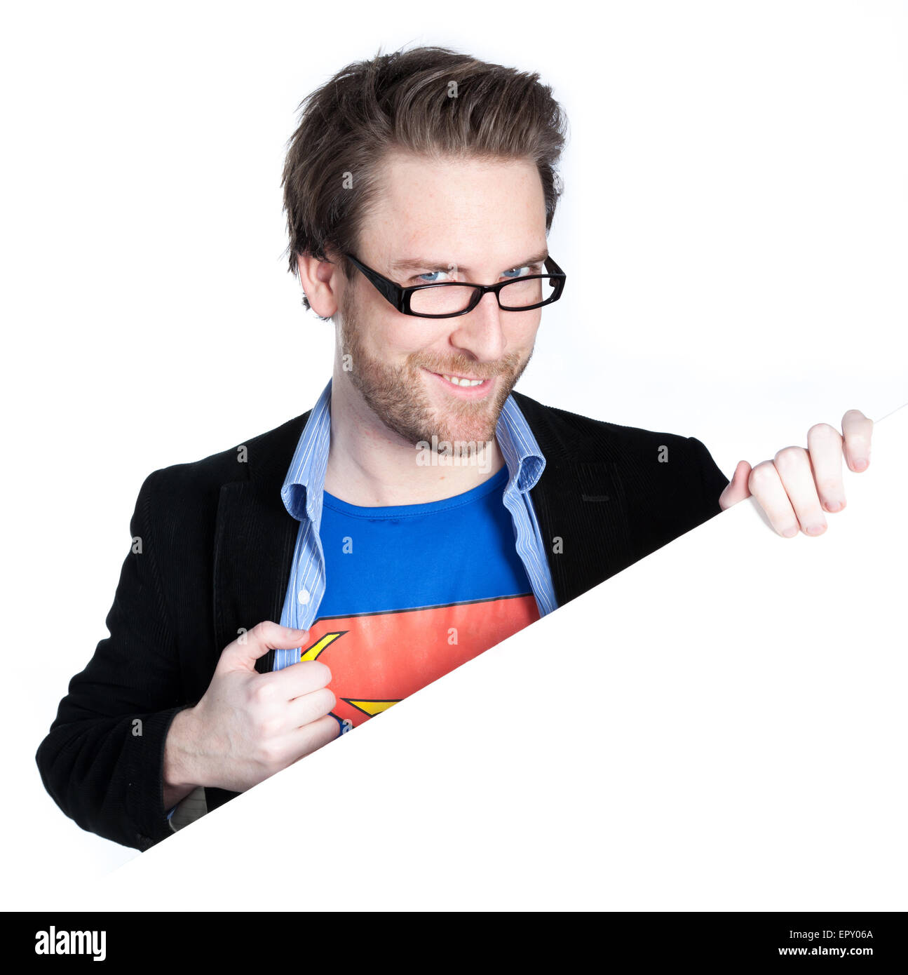 Attraktive 30-jährige Caucasion Mann erschossen im Studio isoliert auf weißem Hintergrund Stockfoto