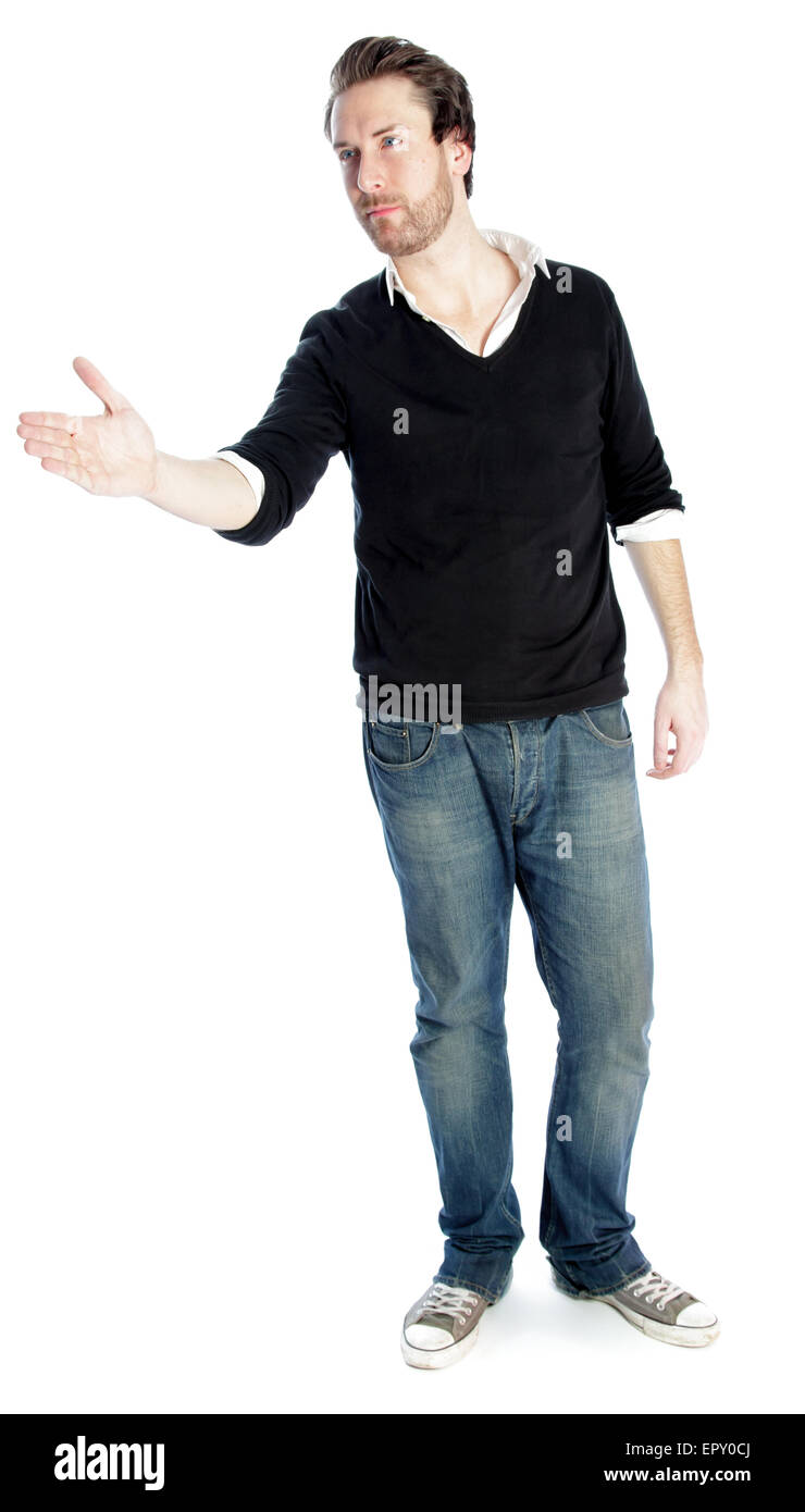 Attraktive 30-jährige Caucasion Mann erschossen im Studio isoliert auf weißem Hintergrund Stockfoto