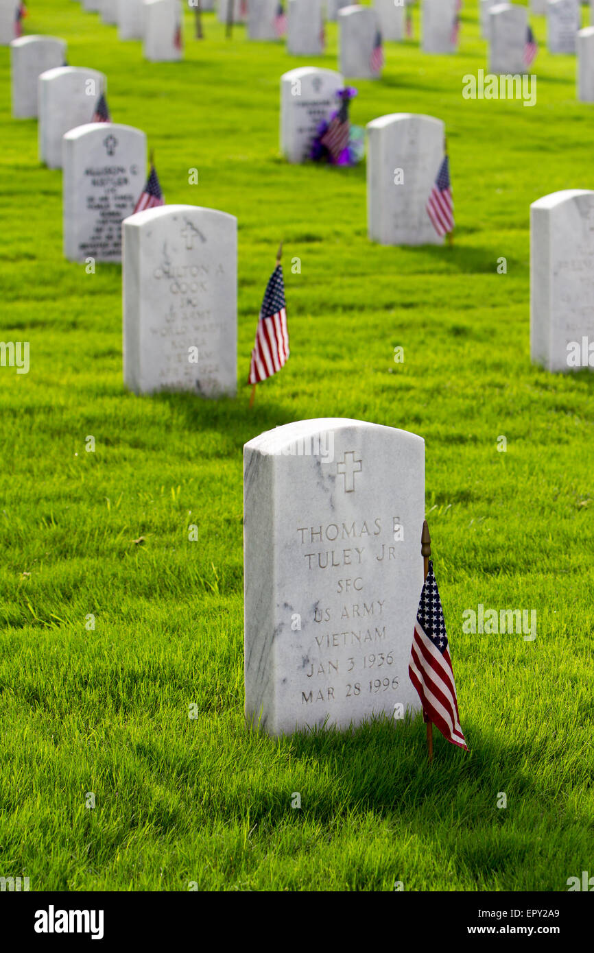 Amerikanische Flaggen platziert frisch an Grabstätten von Freiwilligen in Vorbereitung für Memorial Day in Fort Sam Houston National Cemetery. Stockfoto