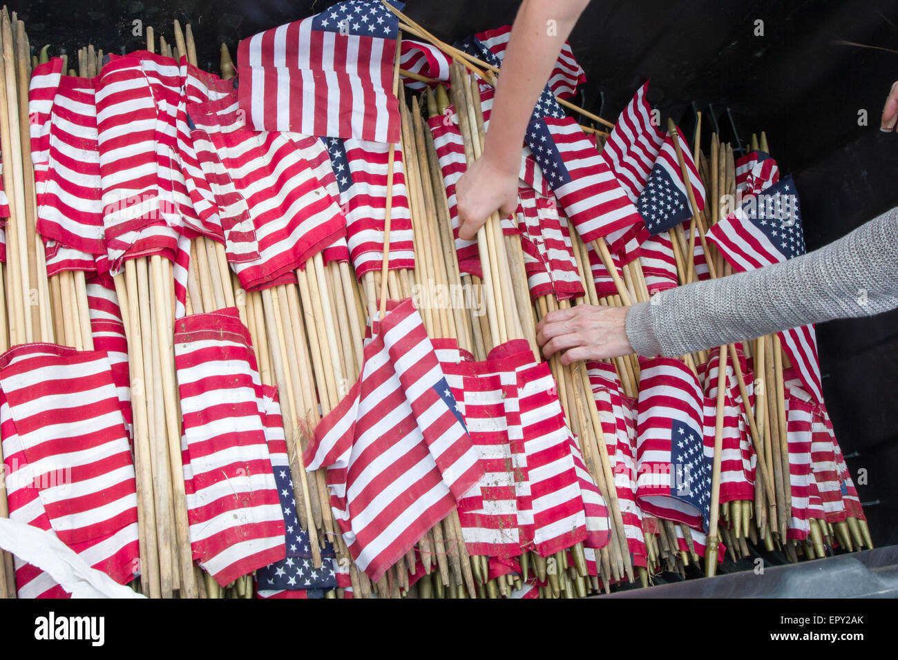 Freiwillige sammeln amerikanische Flaggen während der Memorial Day Vorbereitungen in Fort Sam Houston National Cemetery in Grabstätten stellen Stockfoto