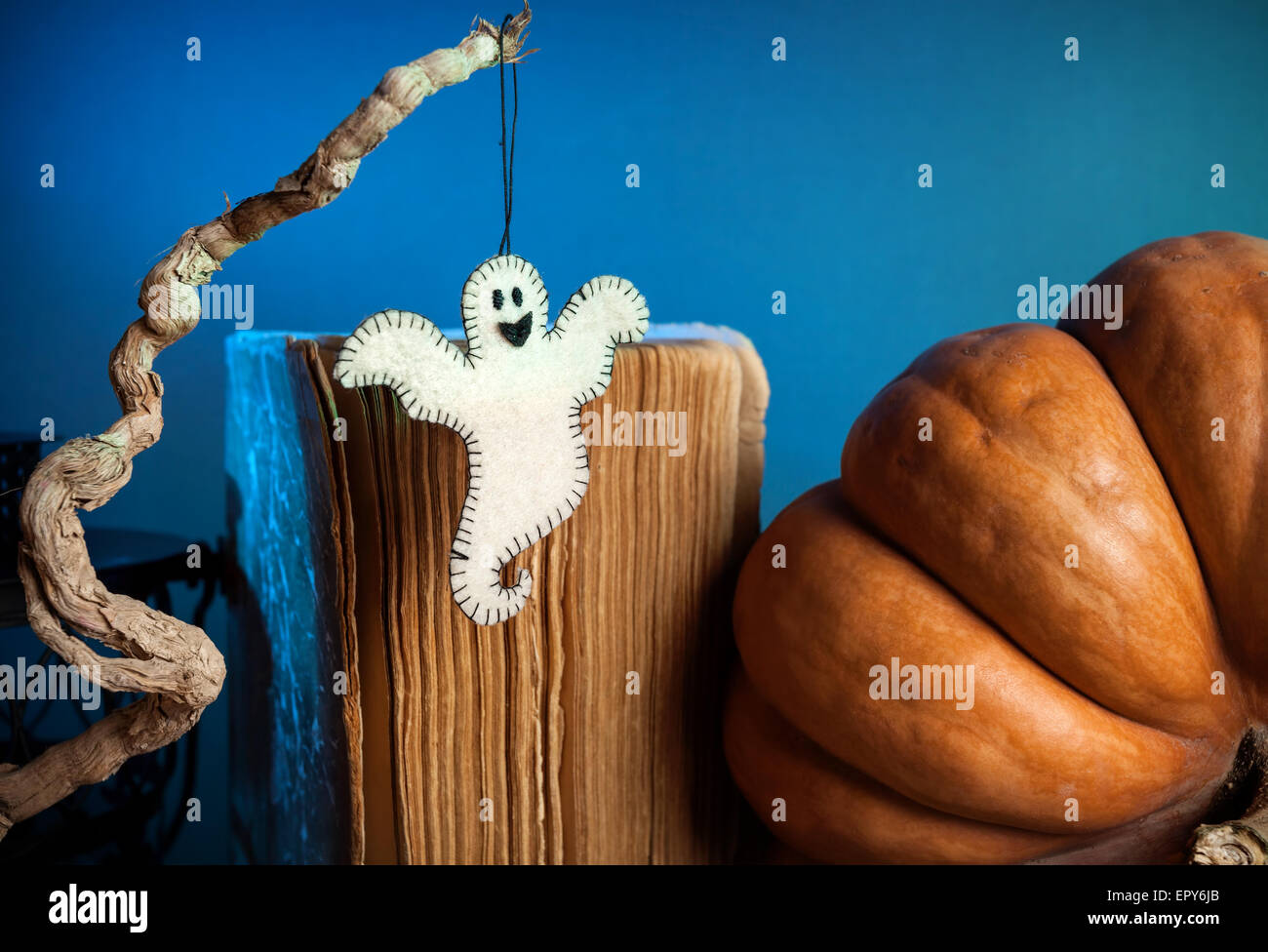 Weiße Gespenst aus Filz auf dem Ast in der Nähe von Kürbis und altes Buch auf Halloweenparty Stockfoto