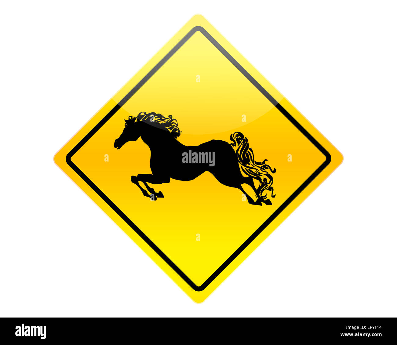 Pferde auf der Straße Warnzeichen. Stockfoto