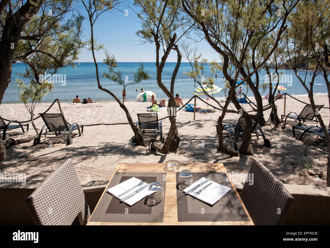 Tisch in der Nähe zum Meer im Sommer und sonnigen Tag am Strand, bereit für das Mittagessen Stockfoto