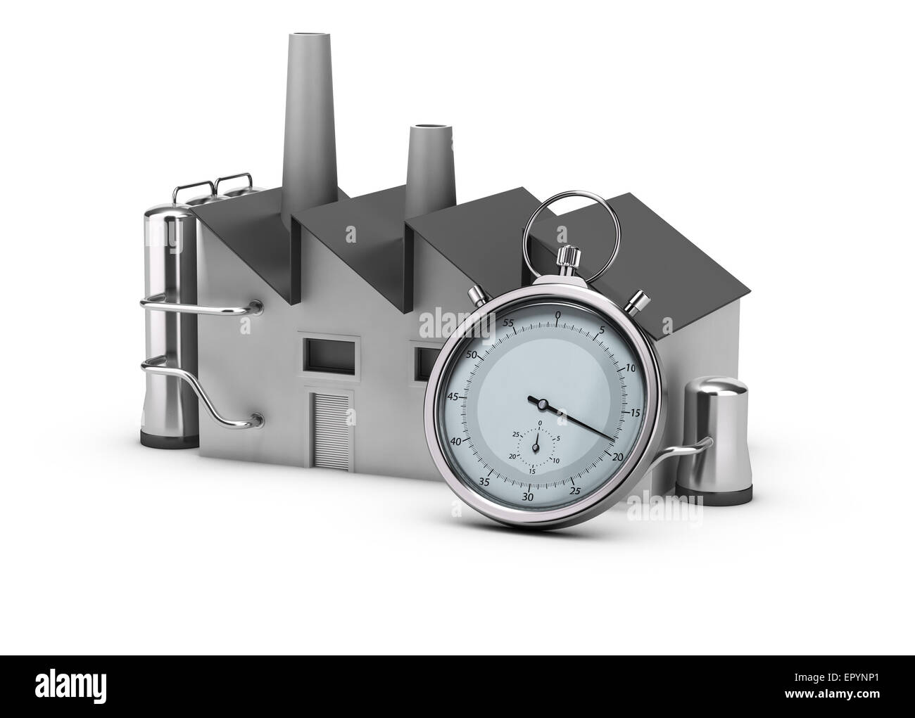 Illustration der Produktivität. 3D Render eine Fabrik und eine Stoppuhr. Bild auf weißem Hintergrund. Stockfoto