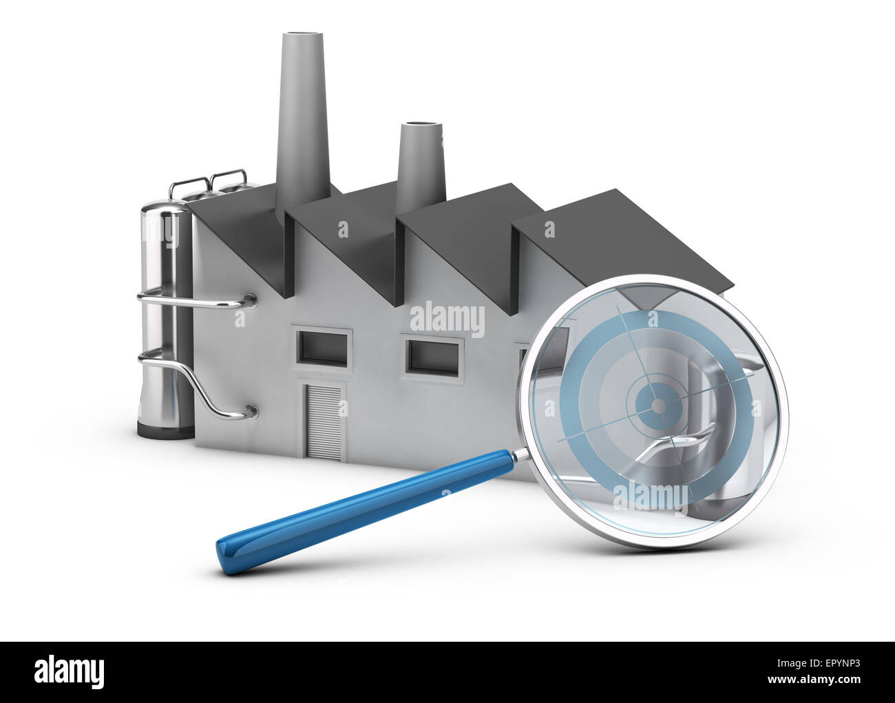 Abbildung des Benchmarkings. 3D Rendern einer Fabrik und eine Lupe mit einem Ziel im Inneren. Bild auf weißem Hintergrund. Stockfoto