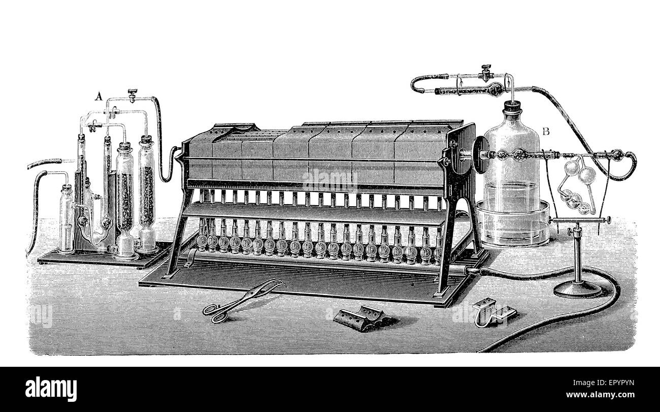 Vintage Chemie Gravur, Stickstoff-Gas ist ein industrielles Gas produziert durch fraktionierte Destillation von Air liquide. Stickstoff ist formal betrachtet, die im Jahre 1772 vom schottischen Arzt Daniel Rutherford entdeckt wurden, Lavoisier bezeichnete es als "verpesteten Luft" oder Azote. Stockfoto