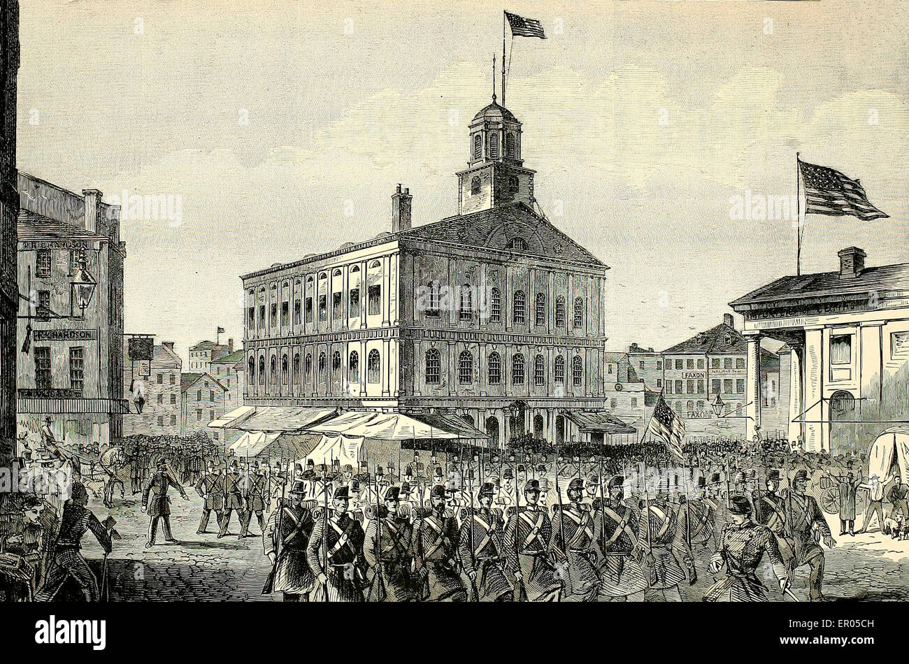 Eine neue Regiment Massachusetts freiwillige Weitergabe Faneuil Hall auf dem Weg zum Krieg - USA Bürgerkrieg, ca. 1861 Stockfoto