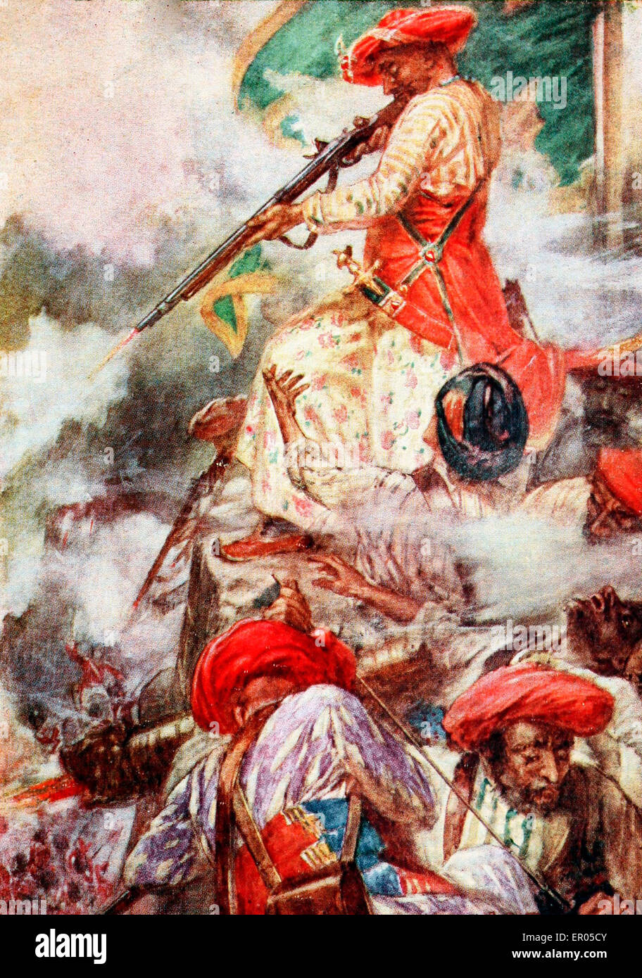 Tipu Sultan konfrontiert seine Gegner während der Belagerung von Srirangapatna - Tipu selbst stand cooly an seinen vorrückenden Feind abfeuern Stockfoto