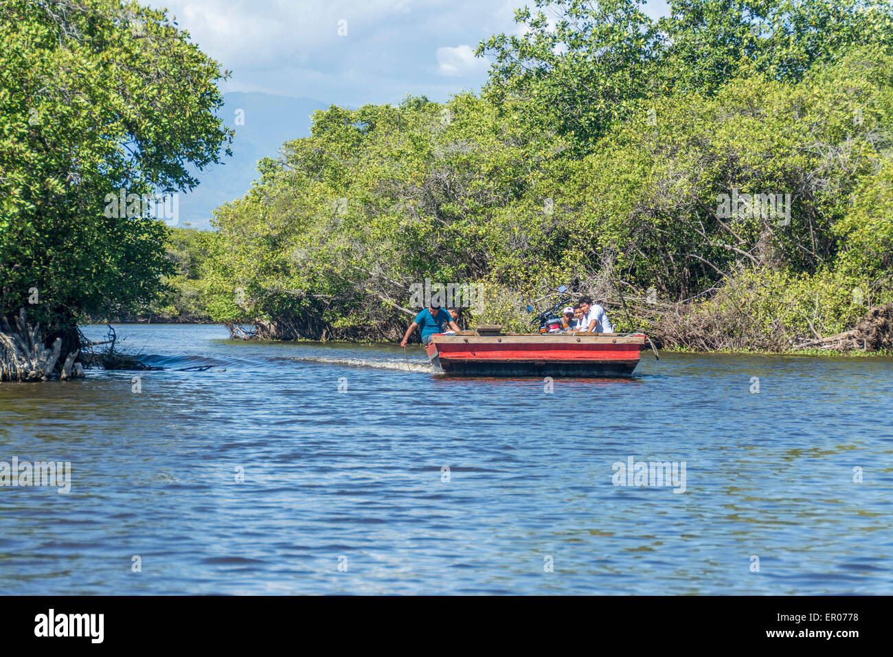 Fähre über den Kanal Chiquimulilla durch Mangrovensumpf zwischen Monterrico und La Avellana Guatemala Stockfoto