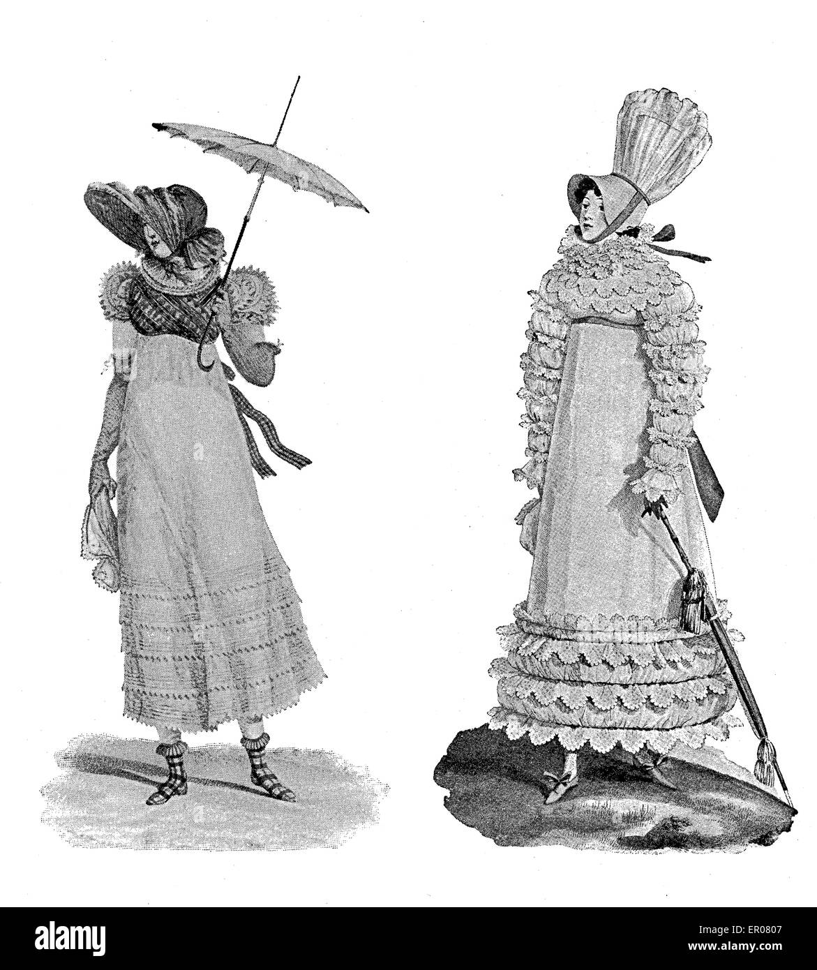 Vintage Damenmode, Schirme und Hüte, karikieren Anfang 1800 Stockfoto