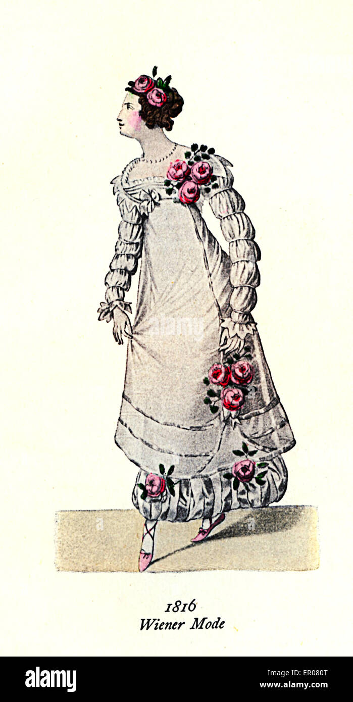 Vintage Damenmode, Abendkleid mit Rosen Dekoration, Wien 1816 Stockfoto
