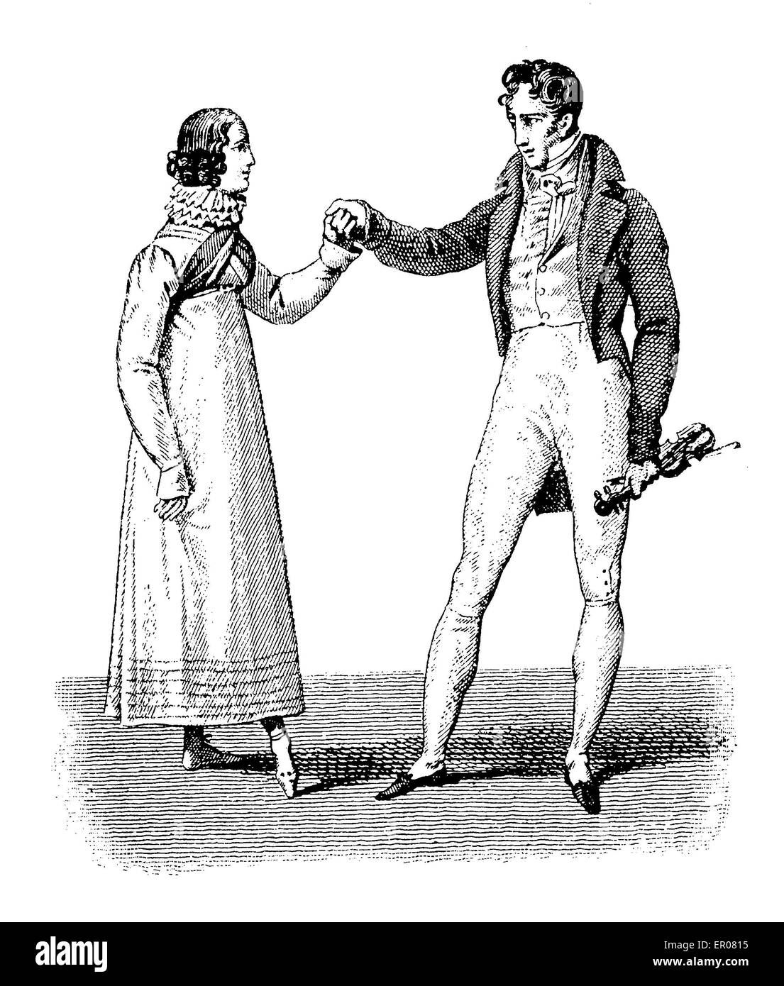 Laden zum Tanzen, modische Dame und Herren, Anfang 1800, schwarz und weiß Gravur Stockfoto