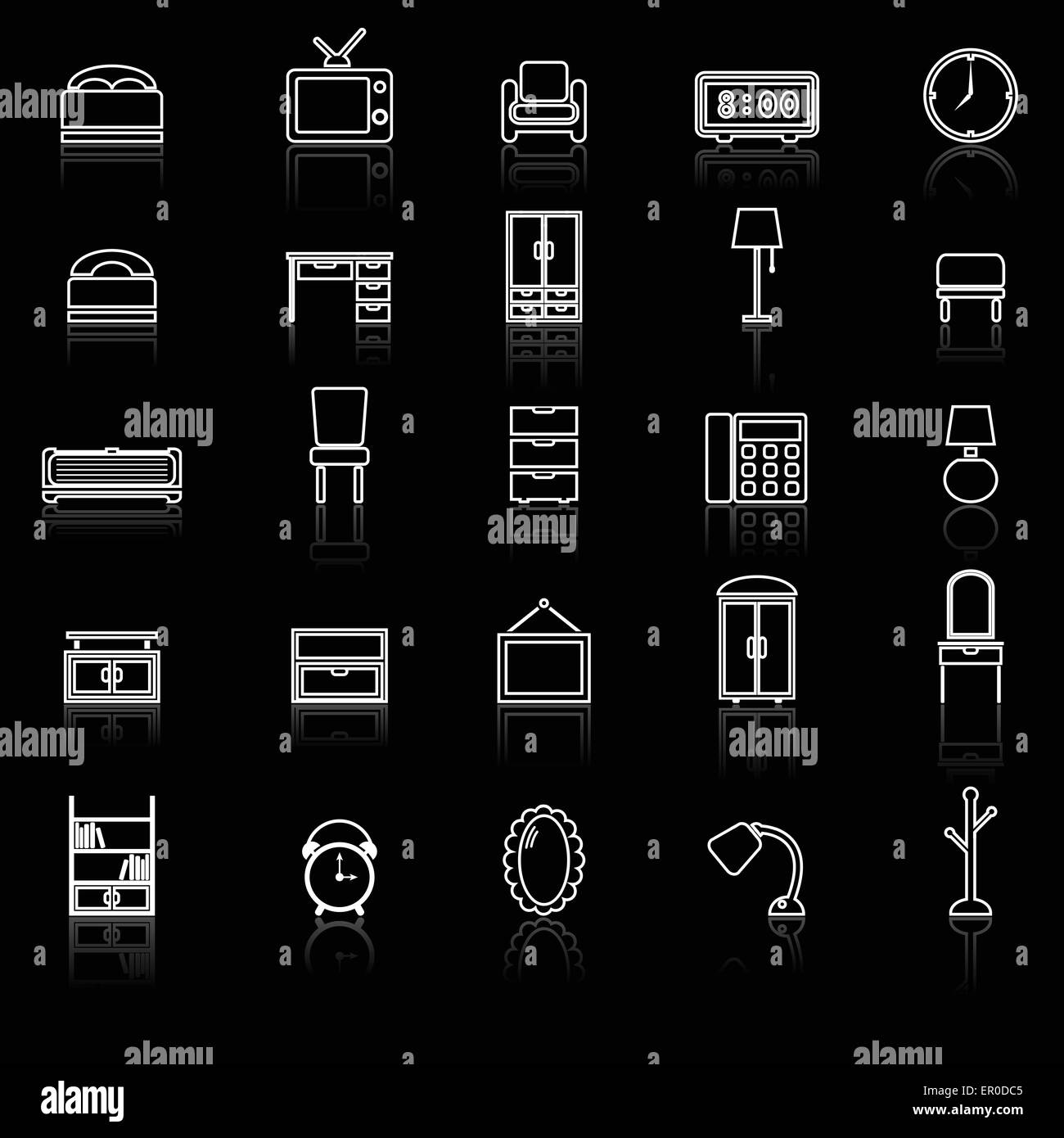 Schlafzimmer-Linie-Icons mit reflektieren schwarz, Lager Vektor Stock Vektor